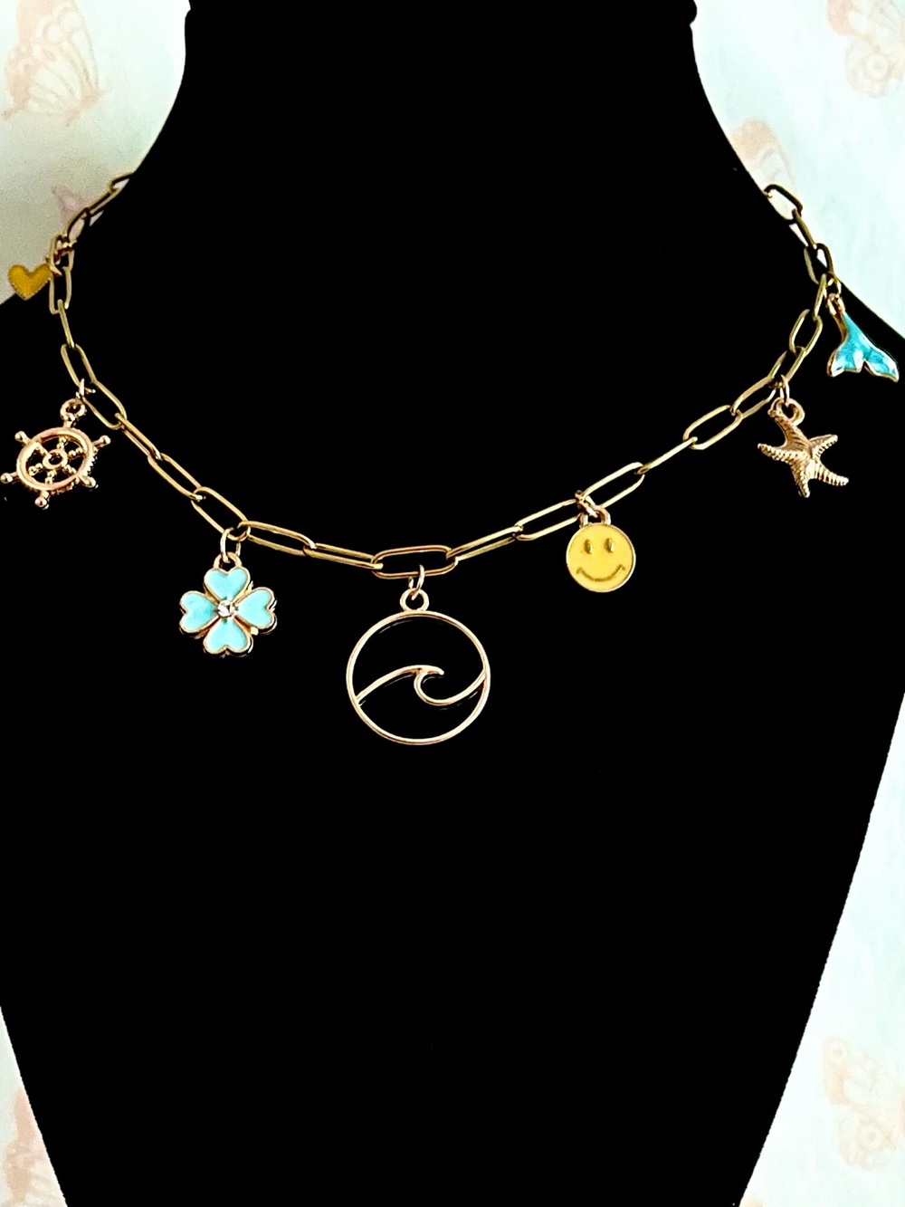 Gold Tone Beach Charm Necklace Paperclip Chain with Summer Y2K Nautical Jewelry